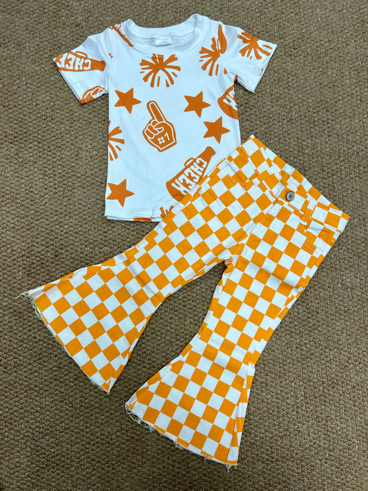 Cheer star orange short sleeve orange checkered jeans girls set