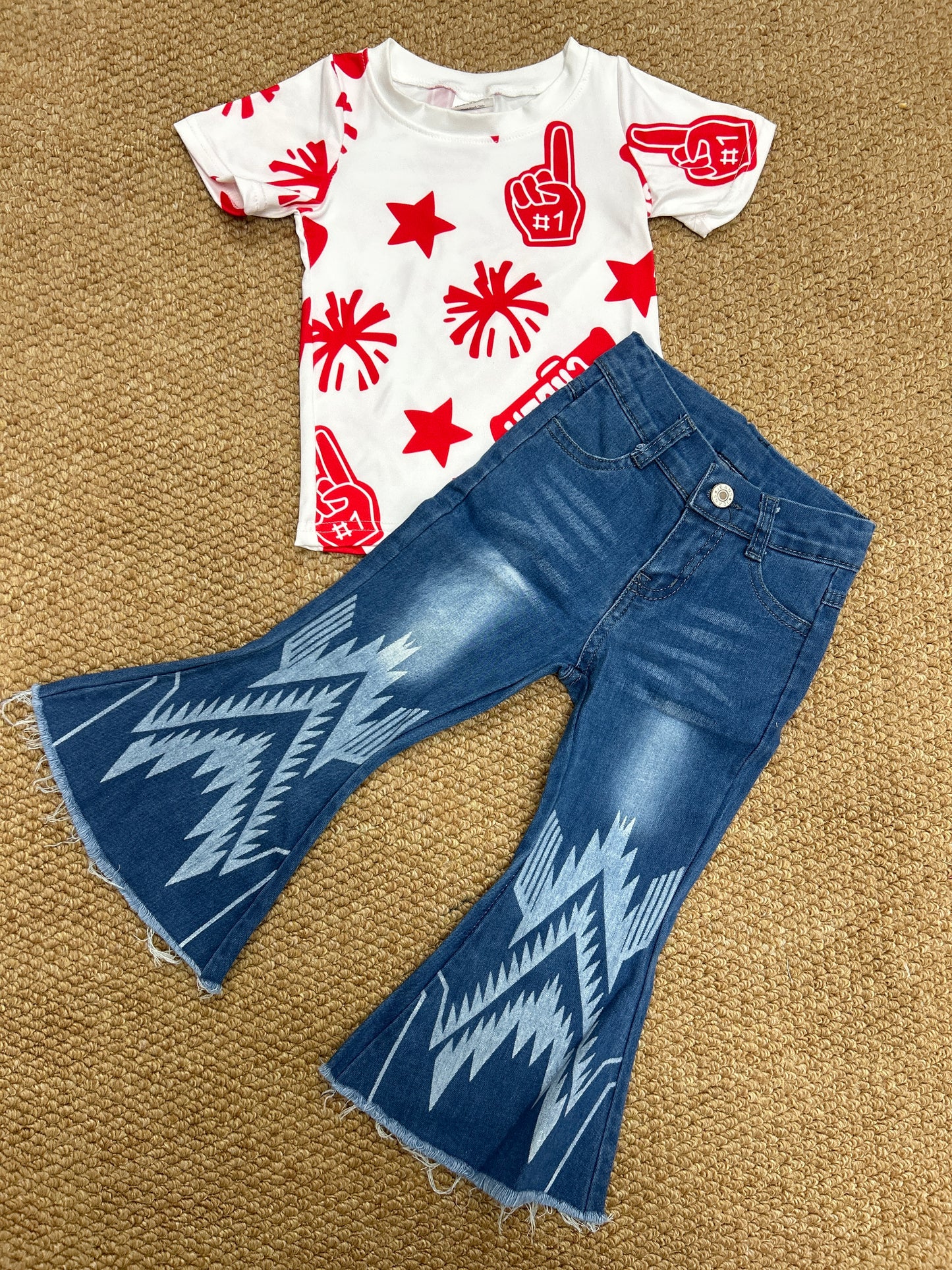 Cheer star red short sleeve blue Aztec jeans girls set