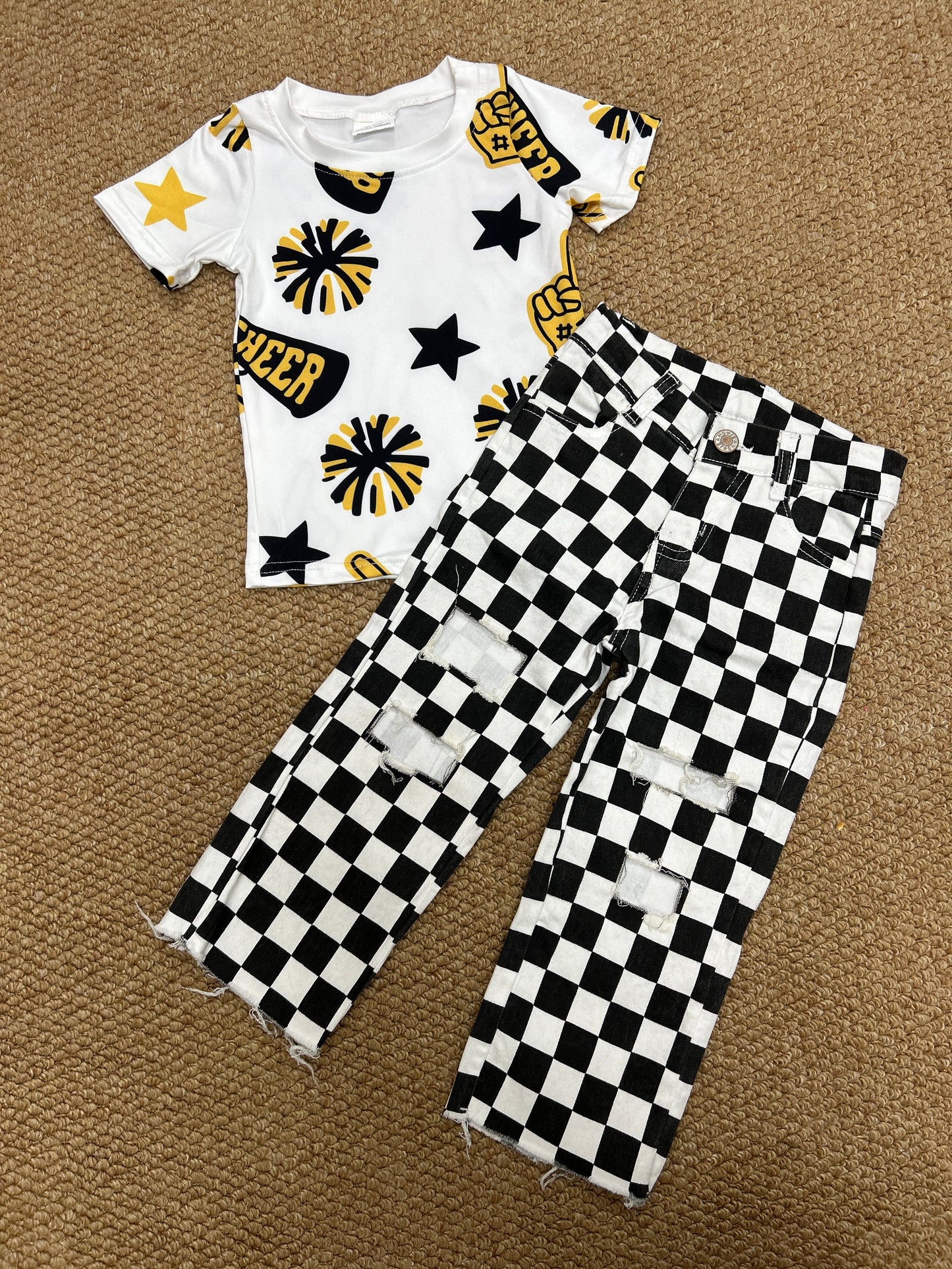 Cheer star yellow short sleeve black checkered hole jeans girls set