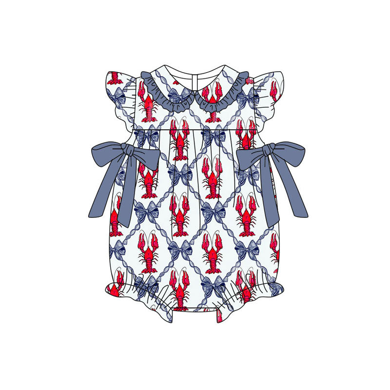 Custom moq 20 Bamboo Crayfish Blue Bows Flutter Sleeve Girls Romper