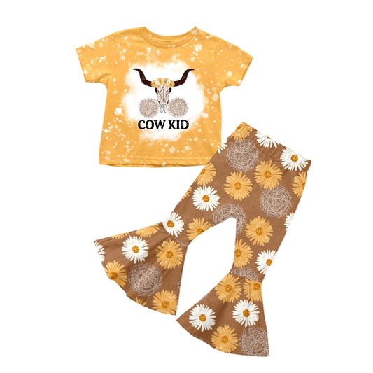 Preorder GSPO1315 Western cow kid yellow short sleeve orange flowers pants girls set