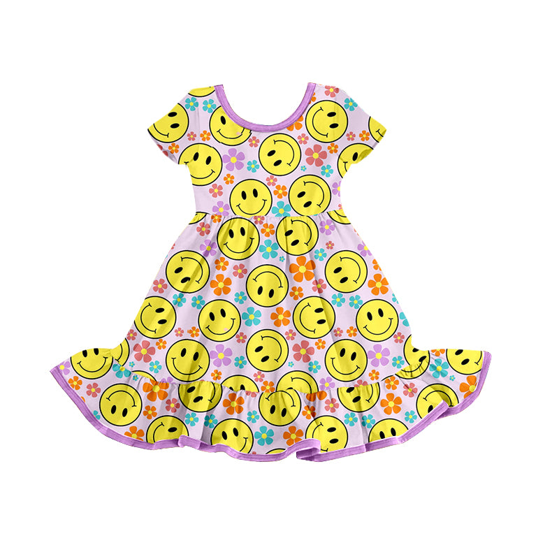 preorder GSD0776 Yellow smile colorful flowers purple short sleeve girls dress