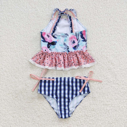 S0158 Flowers blue girls swimsuits