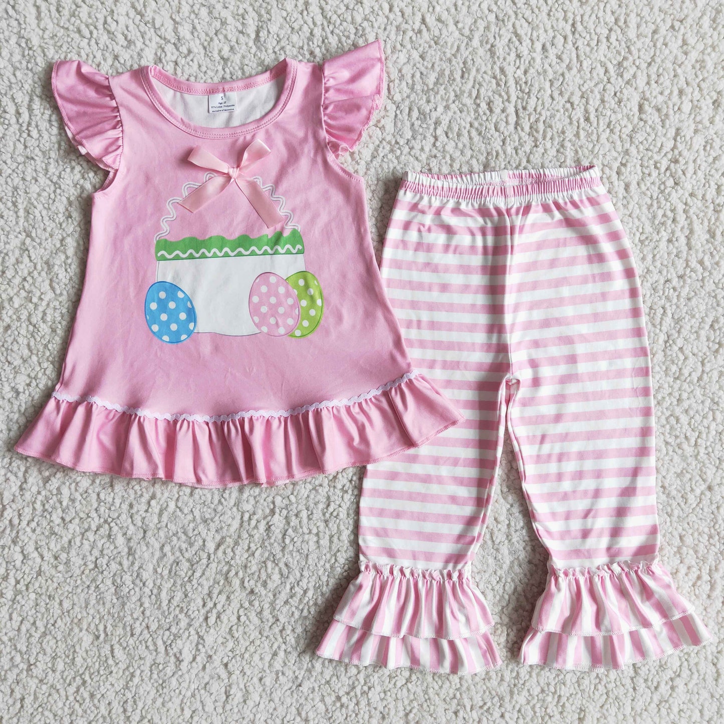 D1-13 Easter egg pink flutter sleeve pink striped pants girls set