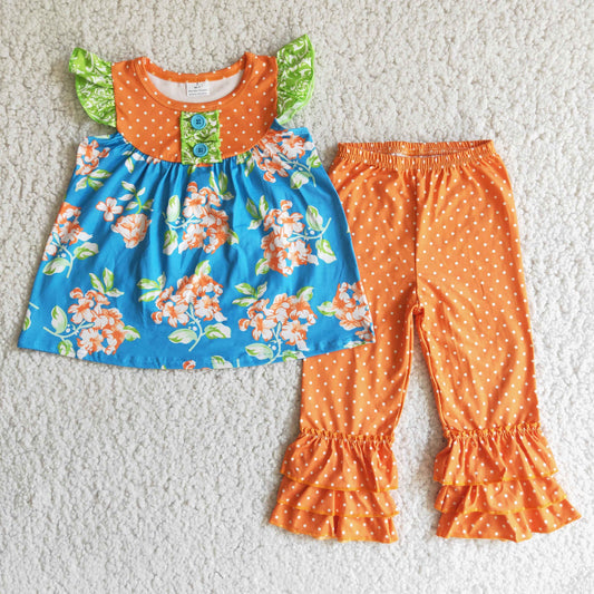 D1-4 Flowers orange flutter sleeve pants girls set