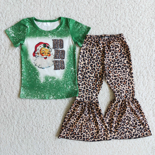 D1-5 HOHOHO Christmas Santa Claus green short sleeve leopard pants girls set