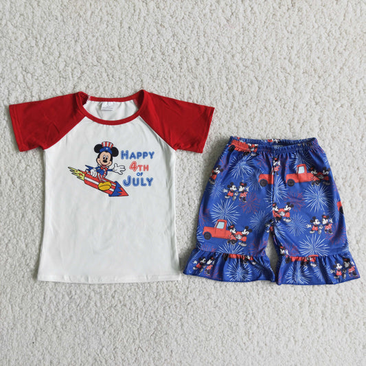 D10-28 July 4th happy M mouse short sleeve blue shorts boys set