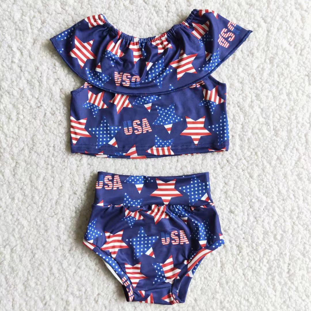 4th Of July USA Star Baby Girls Bummies Set