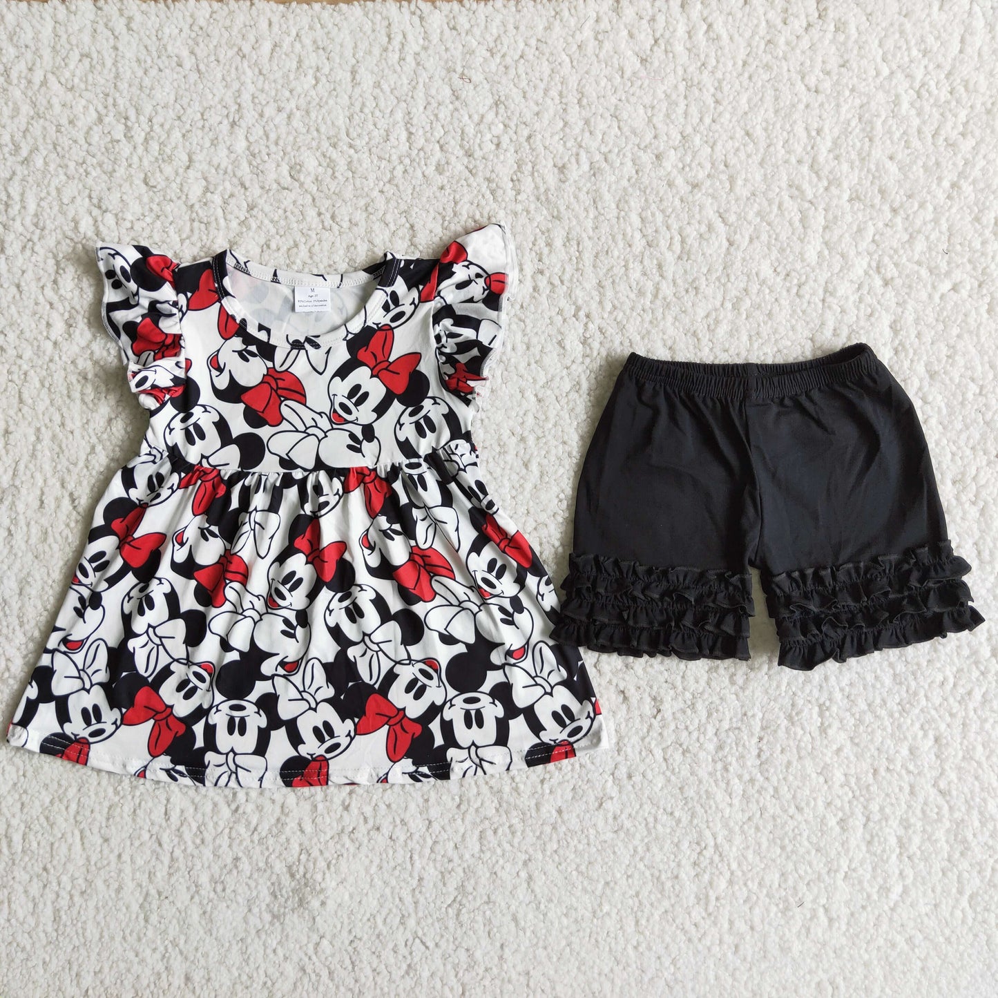 D12-1 cartoon M mouse flutter sleeve black shorts girls set