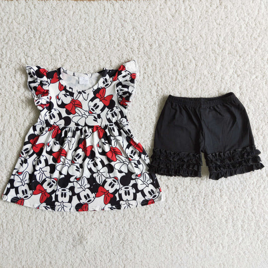 D12-1 cartoon M mouse flutter sleeve black shorts girls set