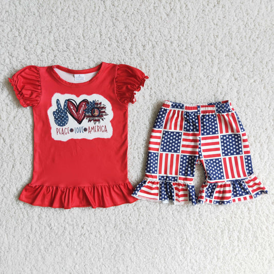 D12-15 July 4th peace love America short sleeve shorts girls set