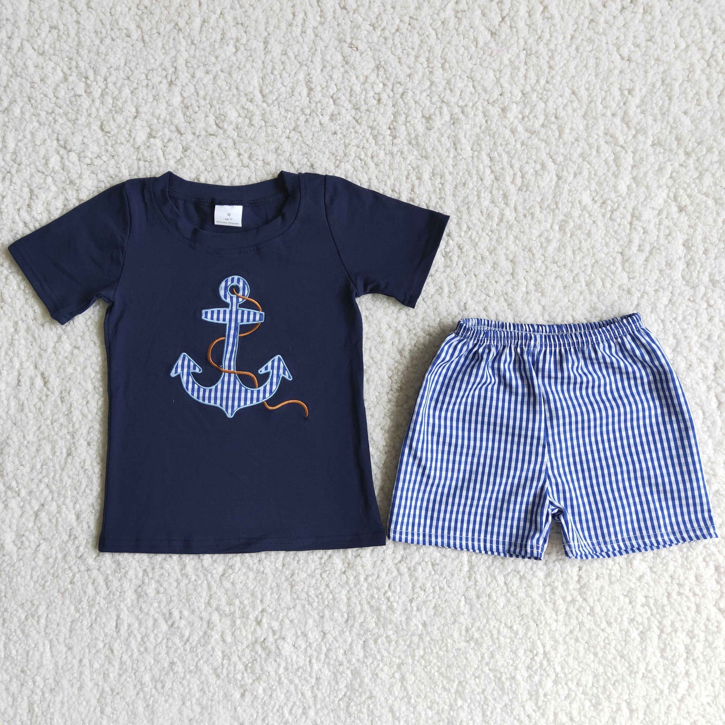 D12-17 embroidery boat anchor navy blue short sleeve blue checkered shorts boys set