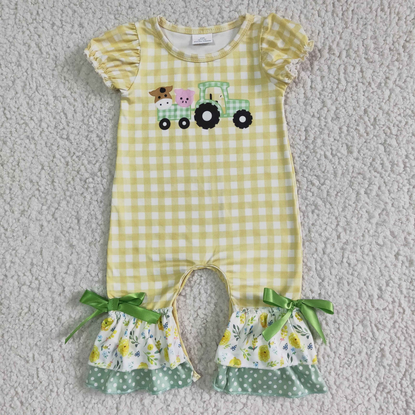 D13-11 farm tractor cow animals yellow checkered short sleeve girls romper