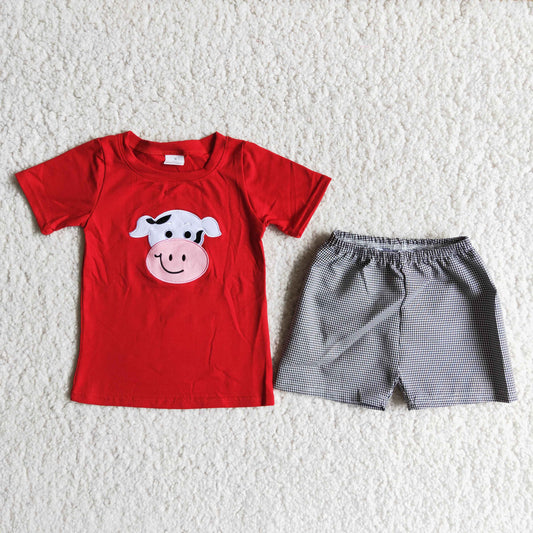 D13-1 embroidery cow red short sleeve black checkered shorts boys set