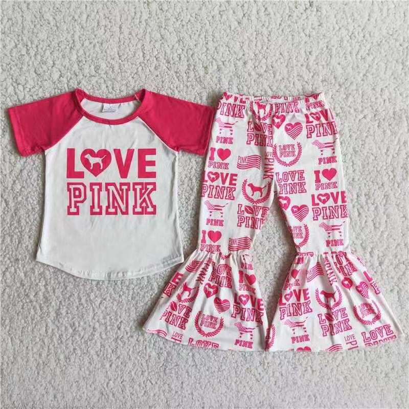 Pink Short Raglan Sleeve Love Print Baby Girls Valentine Set