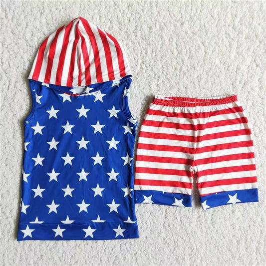 D13-30 July 4th star hoodie red striped shorts boys set