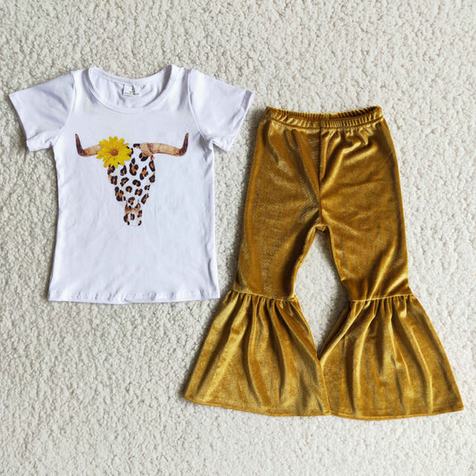 D2-11 Cow flowers short sleeve golden pants girls set