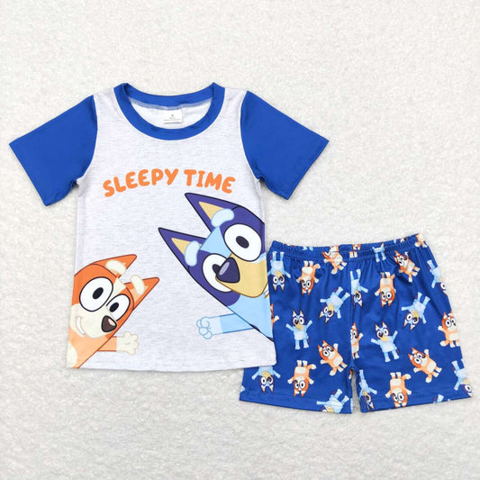 BSSO0421 Cartoon dog Sleepy Time short sleeve navy shorts boys set