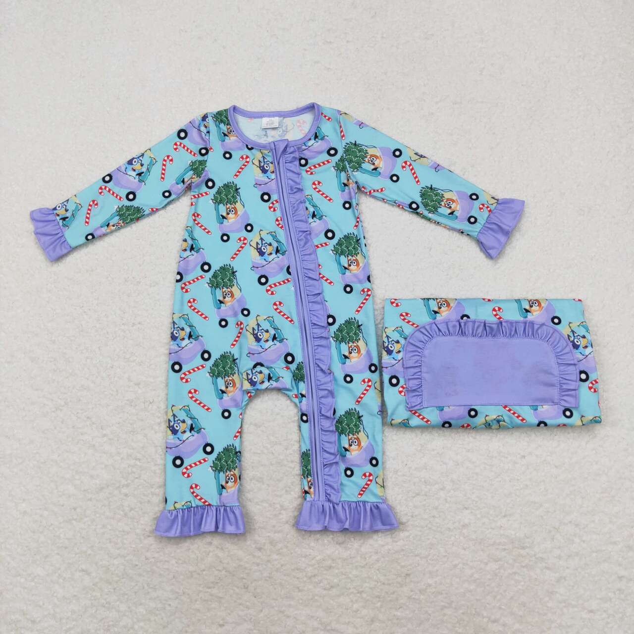 bamboo LR1419 Christmas blue dog cane candy long sleeve zipper girls romper