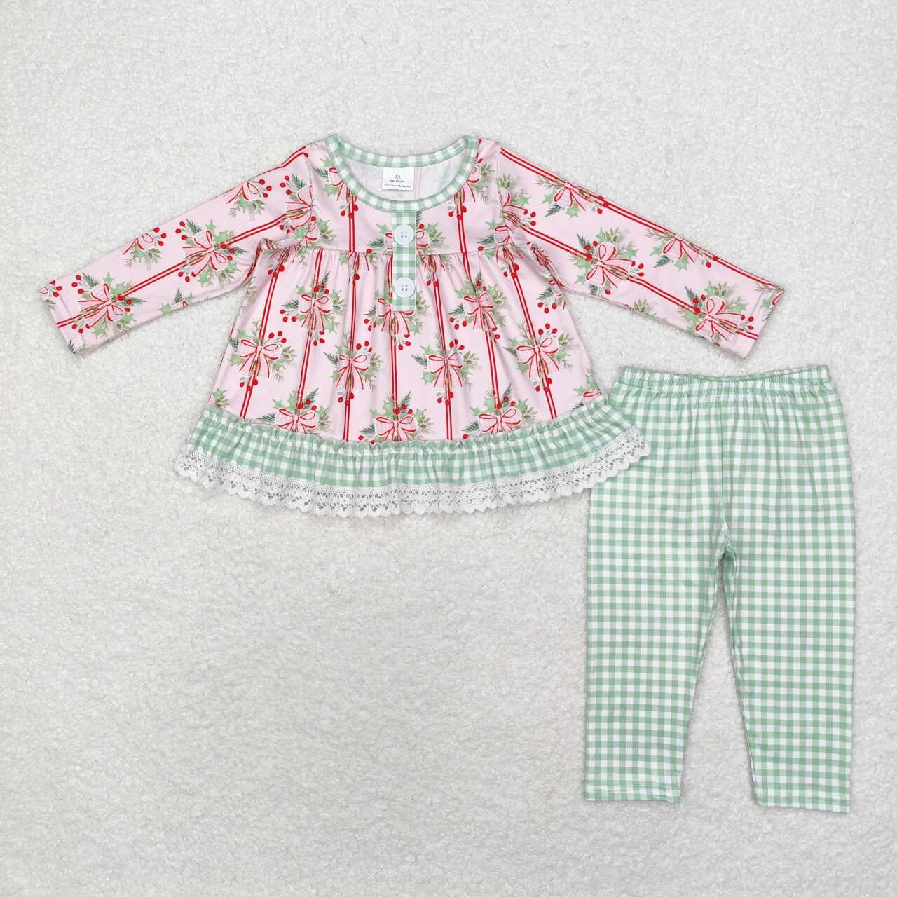 GLP1663 Christmas holly berry pink bows long sleeve green checkered pants girls set