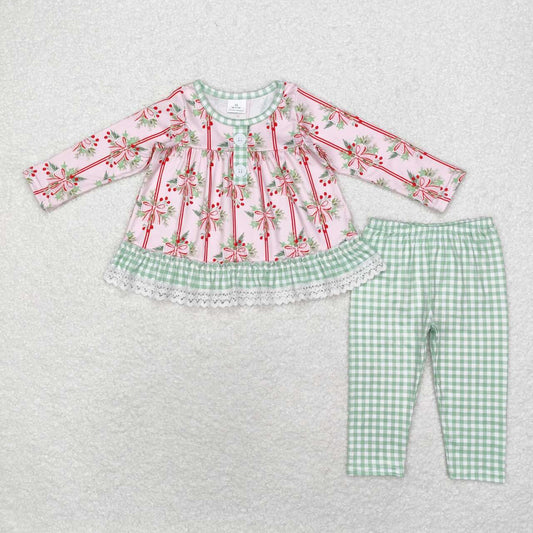 GLP1663 Christmas holly berry pink bows long sleeve green checkered pants girls set