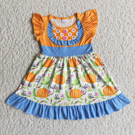 D4-13 Orange pumpkin blue flutter sleeve girls dress