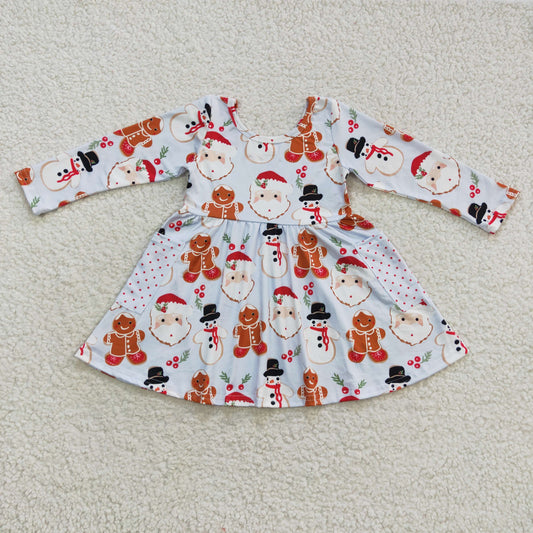 GLD0367 Christmas Santa Claus gingerbread man long sleeve pocket girls dress