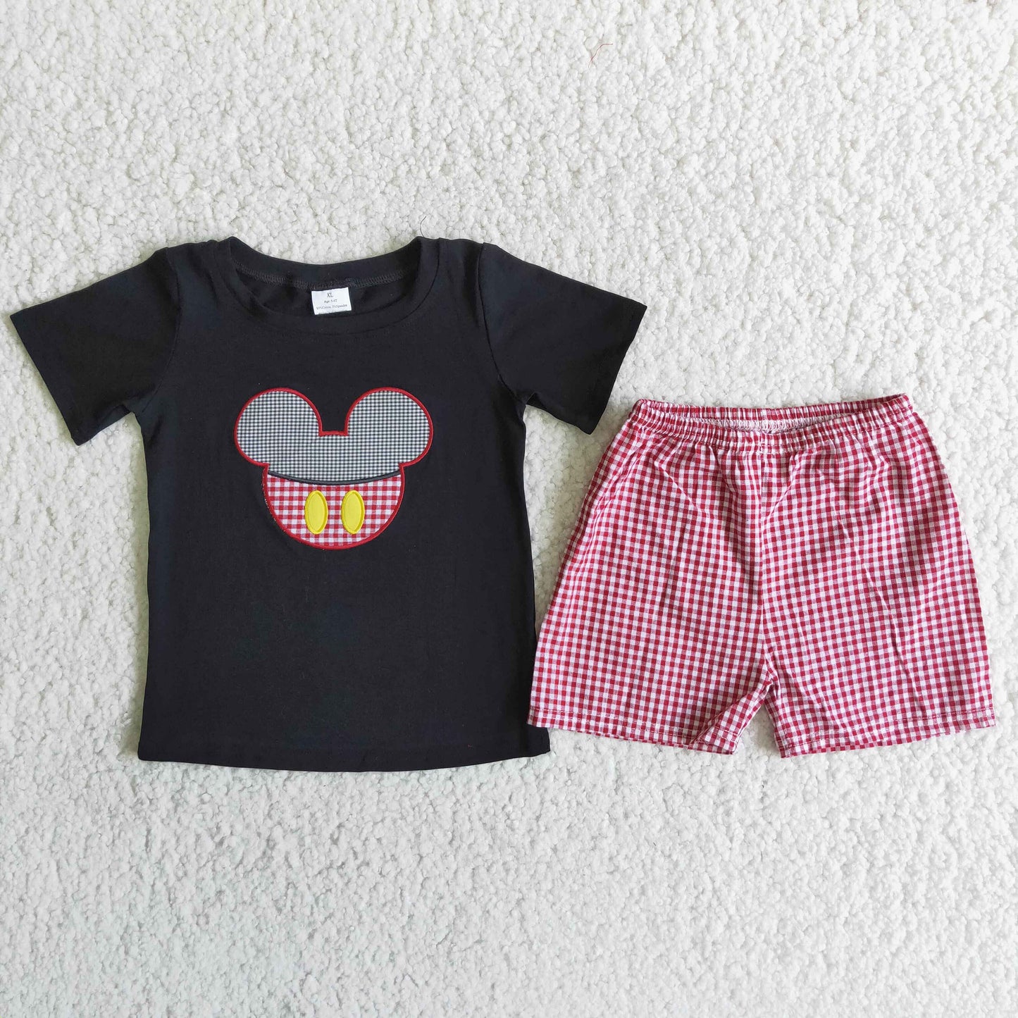 D5-15 embroidery M cartoon black short sleeve red checkered shorts boys set