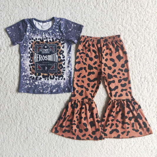 D5-20 Letter purple short sleeve leopard pants girls set