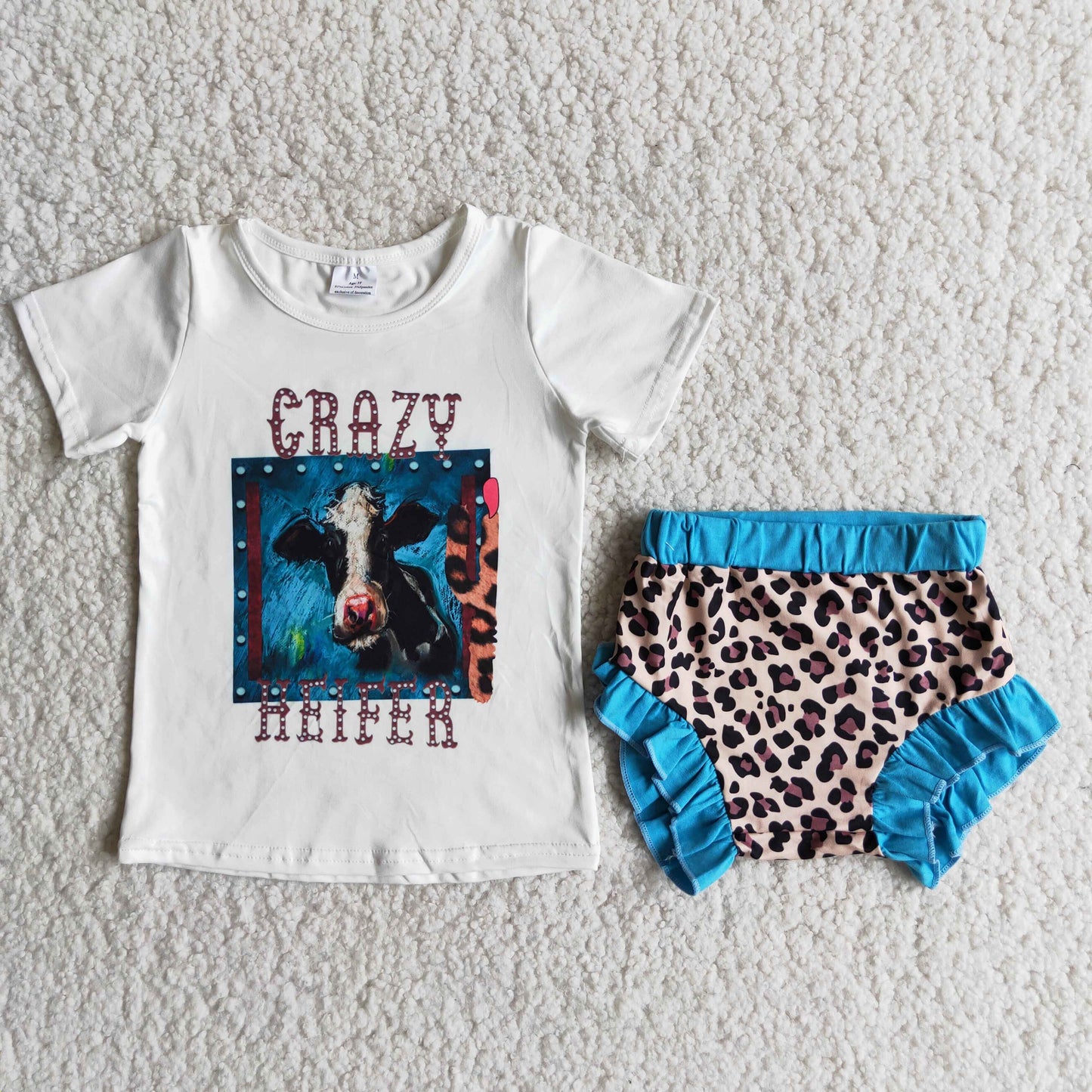 D6-16 crazy heifer cow short sleeve leopard blue girls bummies set