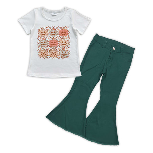 GAPO0870 Halloween pumpkin short sleeve green denim pants girls set