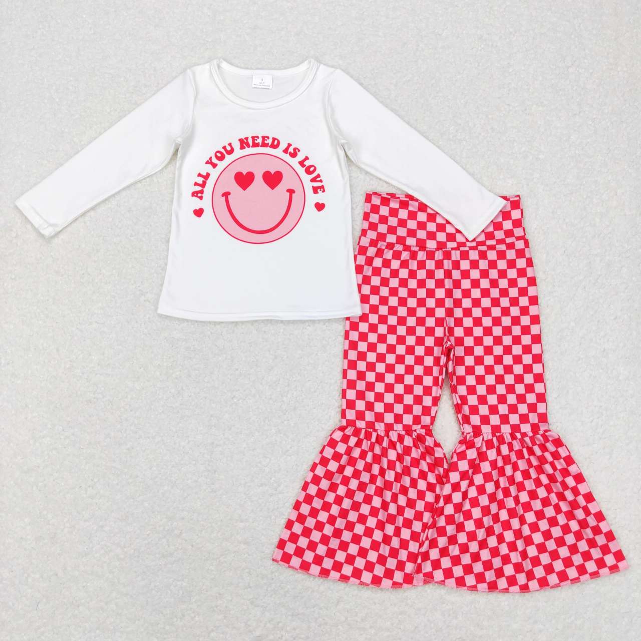 GLP0986 All you need is love smile white long sleeve pink checkered pants girls set