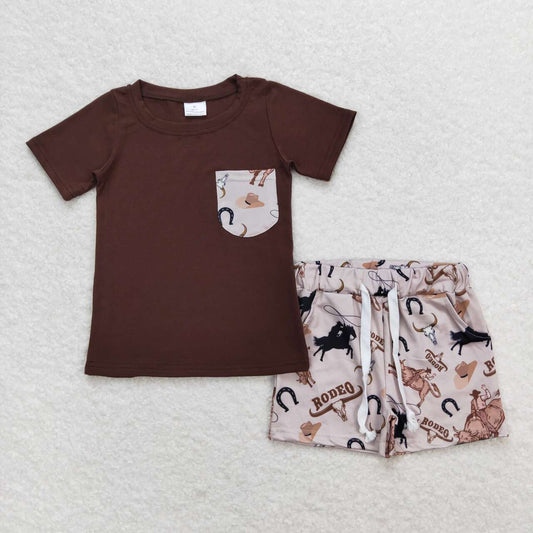 BSSO0757 Western rodeo brown pocket short sleeve shorts boys set
