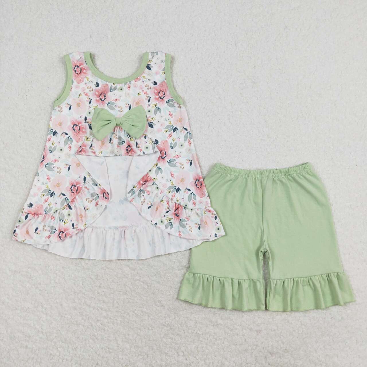 GSSO1178 I love dad pink flowers sleeveless green shorts girls set