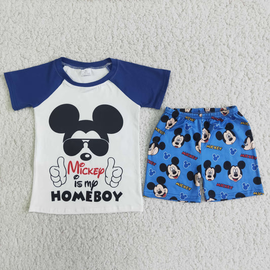 D7-13 cartoon M mouse homeboy short sleeve blue shorts boys set