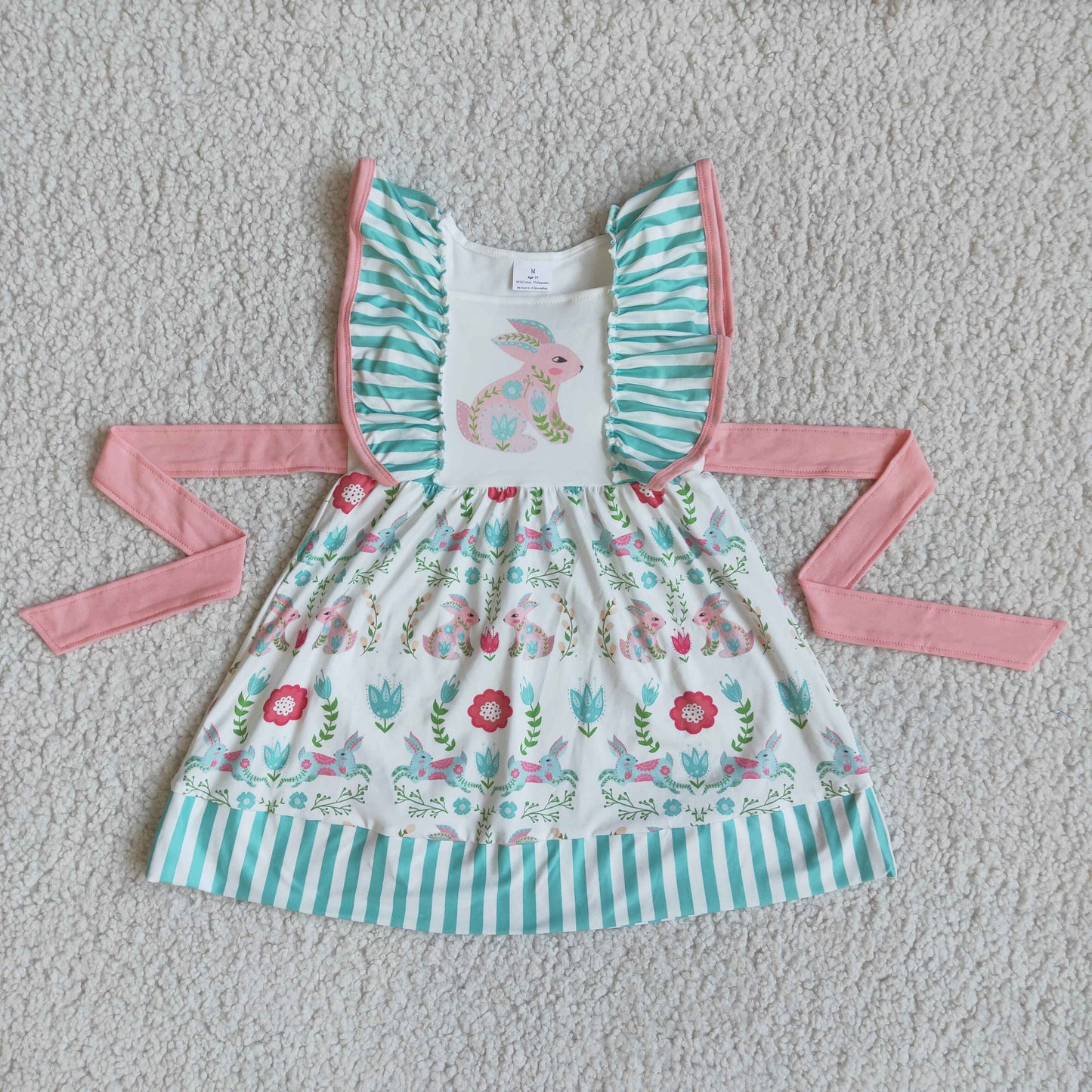 D7-2 Easter rabbit flowers blue flutter sleeve girls dress