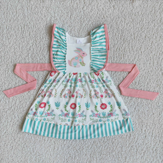 D7-2 Easter rabbit flowers blue flutter sleeve girls dress