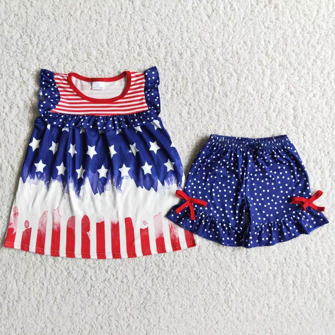 D8-19 July 4th star blue striped girls shorts set