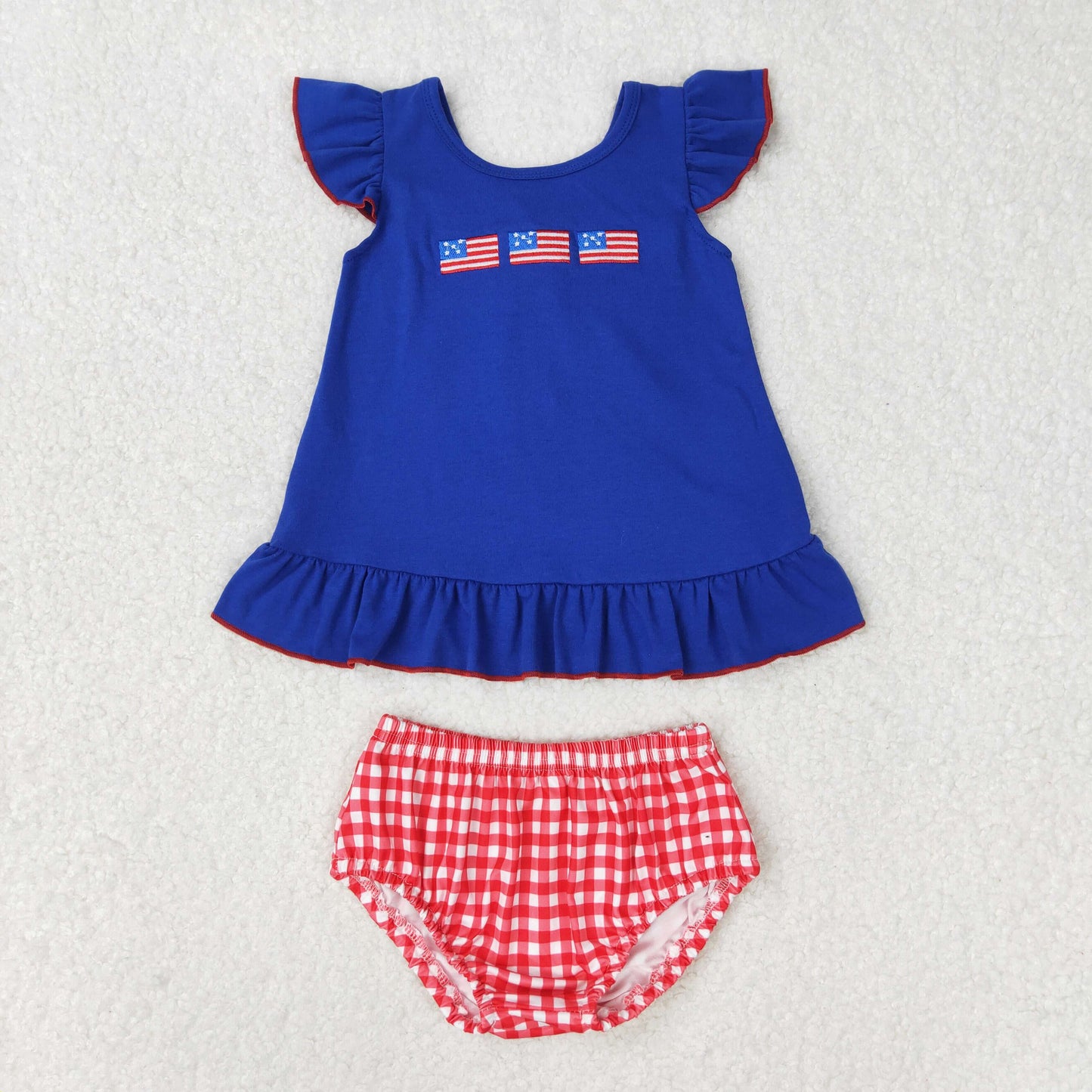 GBO0311 embroidery July 4th flag blue flutter sleeve red checkered girls bummies set