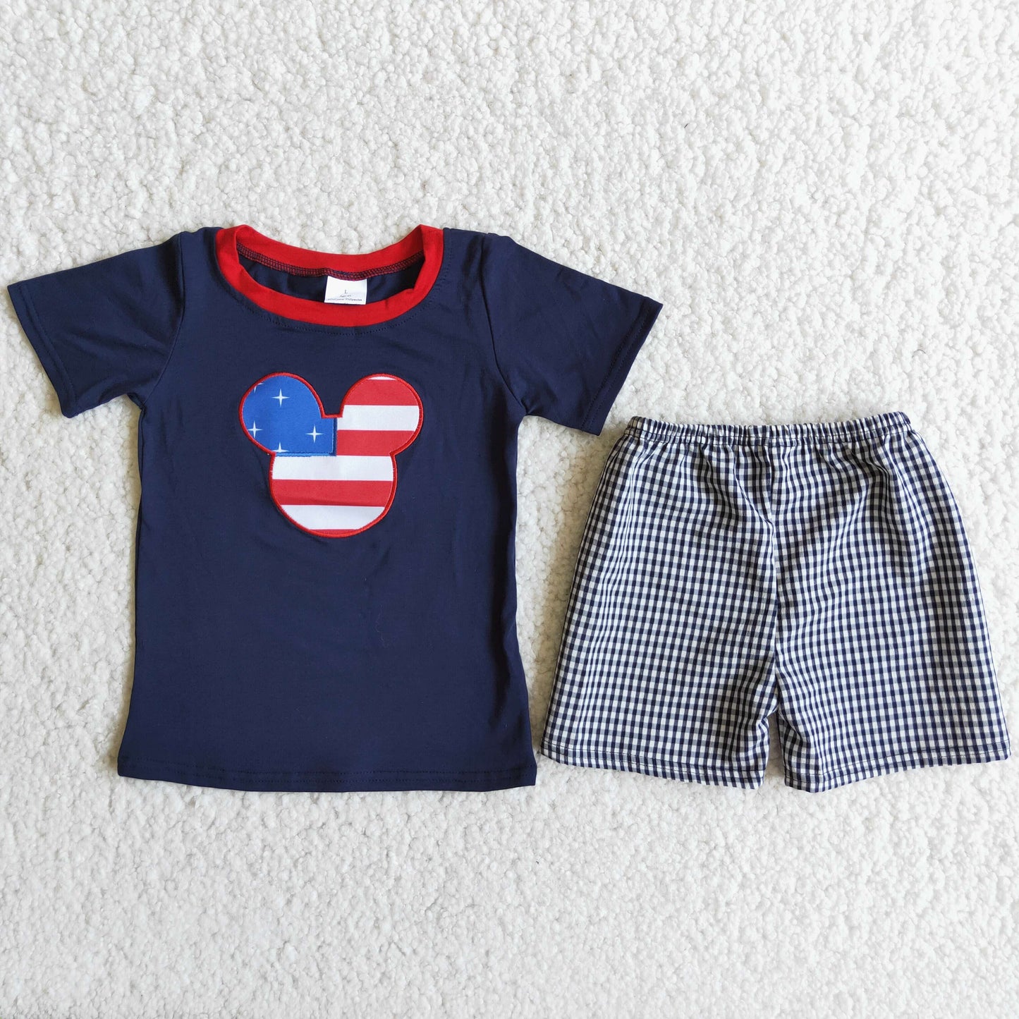 D9-16 embroidery July 4th M navy blue short sleeve checkered shorts boys set