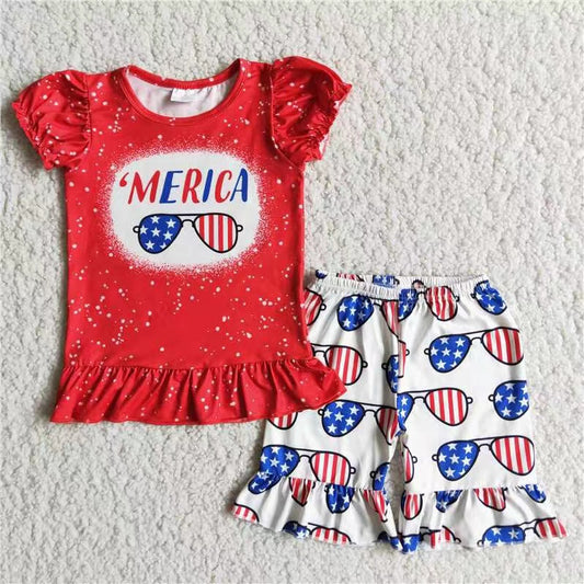 D9-17 American July 4th glasses red short sleeve shorts girls set