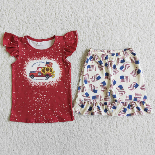 D9-19 July 4th truck sunflowers flag red flutter sleeve shorts girls set