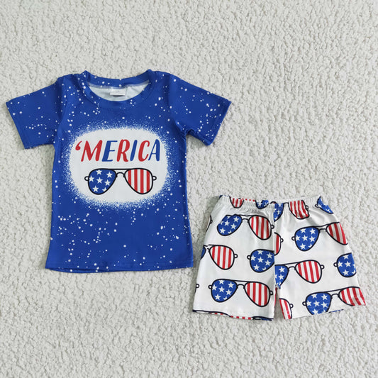 D9-28 American July 4th glasses blue short sleeve shorts boys set