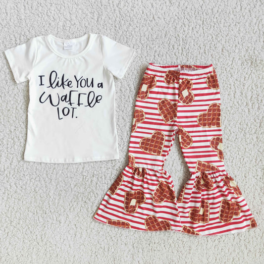 D9-4 I like you white short sleeve red heart striped pants girls set