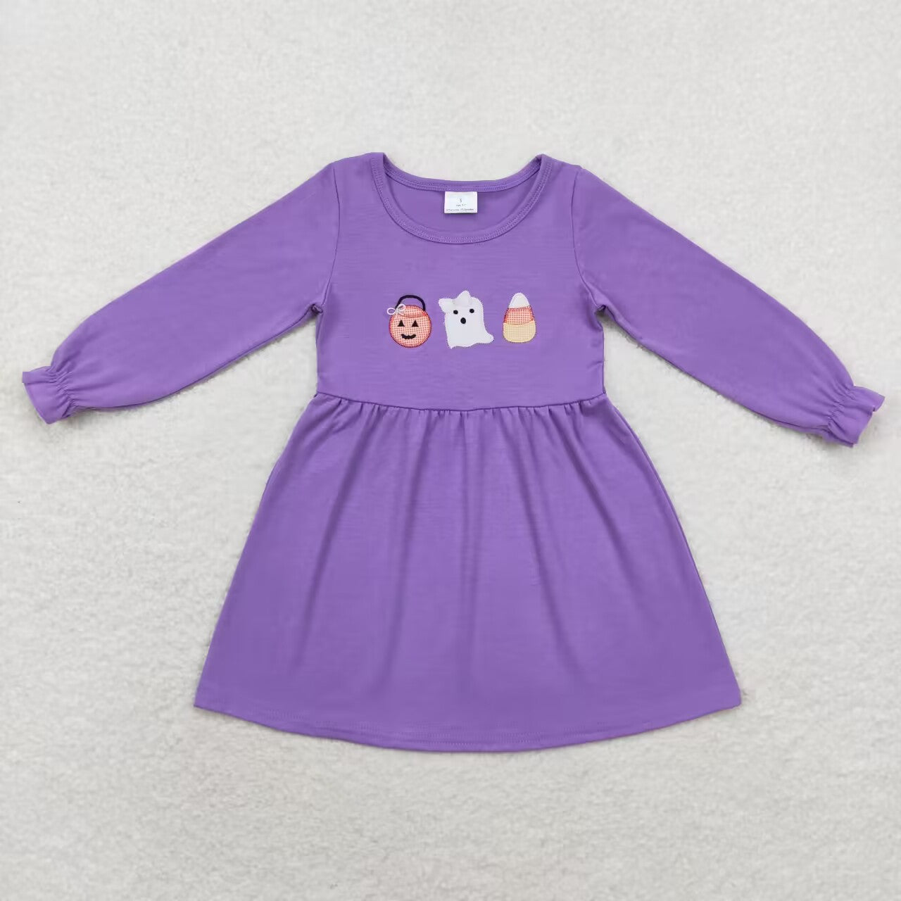 GLD0575 embroidery Halloween pumpkin spooky purple long sleeve girls dress