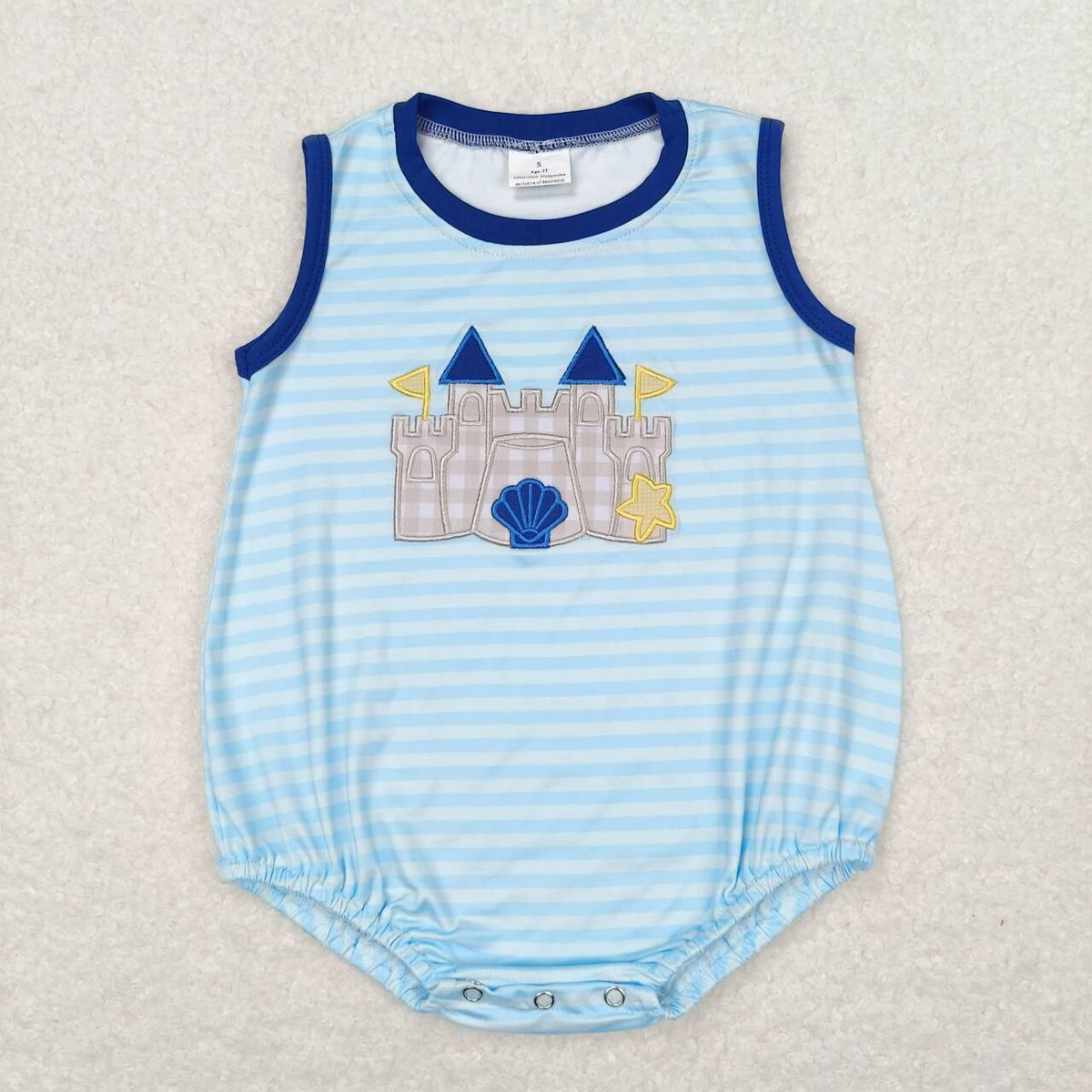 SR1318 embroidery beach castle blue striped sleeveless boys romper