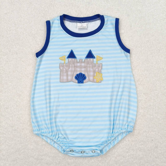 SR1318 embroidery beach castle blue striped sleeveless boys romper