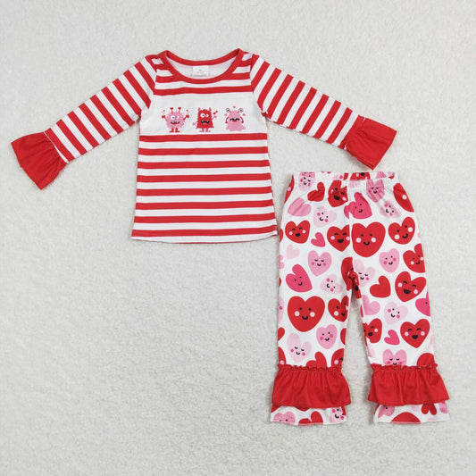 GLP1122 Valentine's Day Monster Red Striped Long Sleeve Heart Pants Girls Pajamas