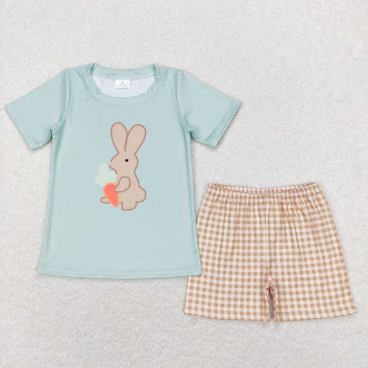 BSSO0407 Easter rabbit carrot green short sleeve khaki checkered shorts boys set