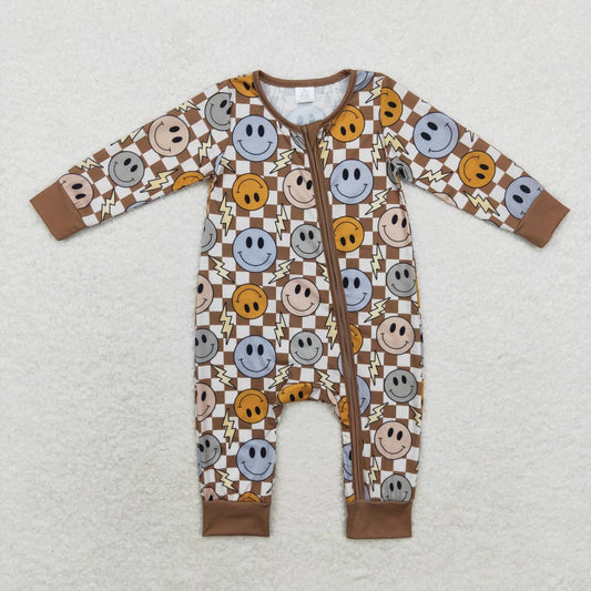 LR0961 bamboo colorful smile flash brown checkered long sleeve zipper boys romper